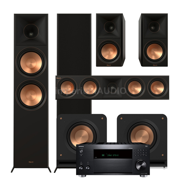 Klipsch Seria II RP-8000F + RP-600M + RP-504C + 2x RP-1000SW + ONKYO TX-RZ50 Sieciowy amplituner 9.2 DAB
