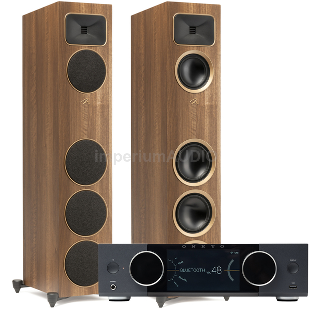 MARTIN LOGAN FOUNDATION F1 Kolumna podłogowa Gen2 Folded Motion S + ONKYO Muse Y-50 Wzmacniacz All-in-One Axign Class D MOSFET HDMI ARC